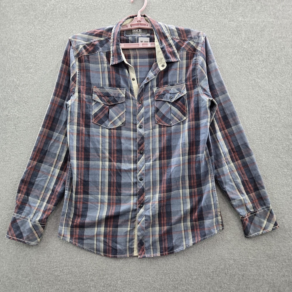 BKE Men Button Up Shirt M Blue Plaid Western Pearl Snap Long Sleeve READ